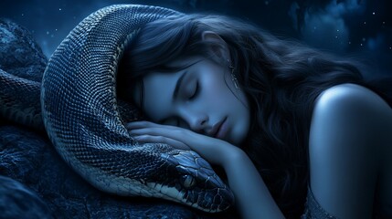 Woman sleeping peacefully with snake, night scene, fantasy art, for dream themes
