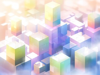 Isometric cityscape constructed with translucent geometric blocks, pastel gradient lighting, depth of field blur for text space.