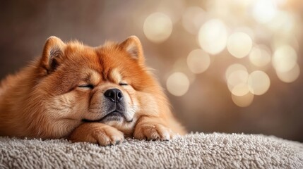 Soothing Relaxation for Your Dog concept. Charming chow chow dog resting on a soft surface with a warm bokeh background.