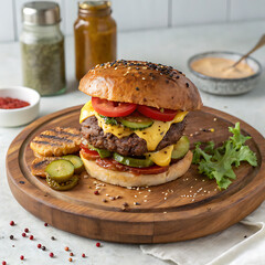 Fresh tasty burger isolated. Big double cheddar cheeseburger with chicken cutlet.