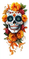 Ornate Sugar Skull with Marigolds and Autumn Leaves