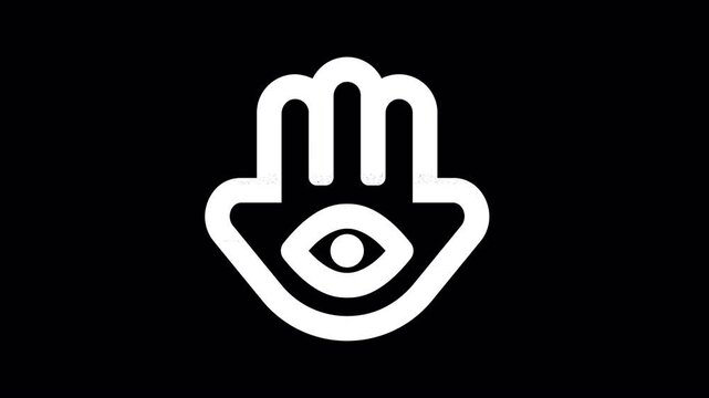 Icon hamsa is distorted. Glitch. Noise, chromatic aberration, geometric distortion. Transparent background, looped. In-Out looped. Alpha BW at the end