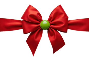 Red satin bow with green button center and transparent background