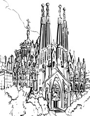 Obraz premium architecture, building, drawing, sketch, church, vector, city, illustration, old, travel, castle, art, paris, europe, town, vintage, house, cathedral, tower, design, draw, landmark, ancient, london, d