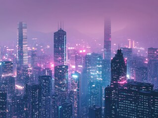 Obraz premium Purple and Pink Night City Skyline Shrouded in Fog