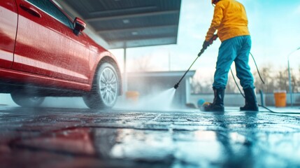 Car wash action outdoor service station vehicle cleaning urban environment close-up view car maintenance concept