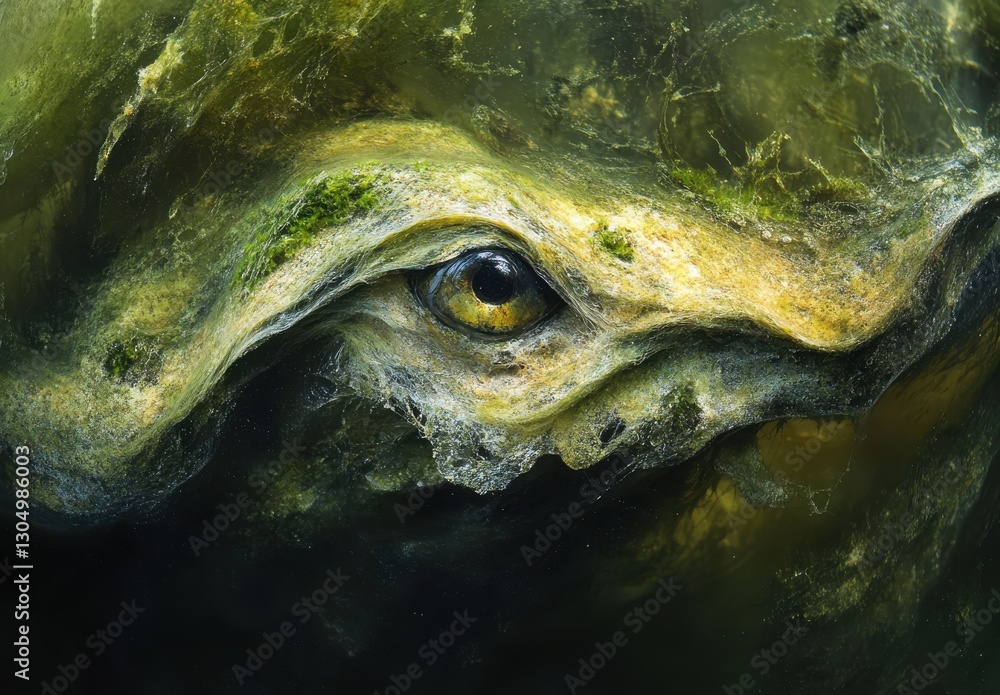 Poster mysterious creature emerging from the deep waters with unique eye detail and textured surface captur
