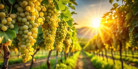 Fototapeta premium Golden Hour Grapes Hanging Heavy on the Vine in a Lush Vineyard