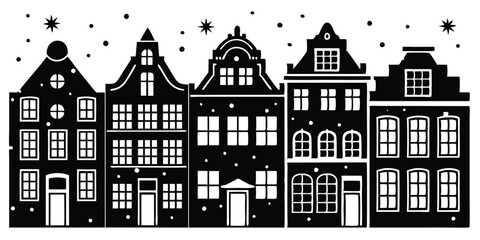 Silhouette of a row Amsterdam style houses Facades of European old buildings with reflection