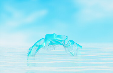 Natural beauty podium backdrop with elegance flying holographic crystal cloth for cosmetic product display. Abstract 3d seascape scene background.