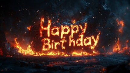 A dynamic fire-themed "Happy Birthday" graffiti, bold letters surrounded by intense flames, glowing embers and smoke swirling in the air, charred and cracked wall background, hd quality,