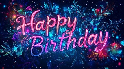 A dynamic "Happy Birthday" design with liquid-like flowing colors, intricate mandala patterns, and glowing swirling effects, glowing softly against a gradient cosmic backdrop,