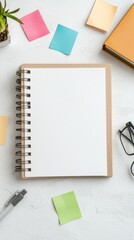 A bright and modern workspace features a blank workbook surrounded by vibrant sticky notes filled with translated words. Ideal for language learners seeking to enhance their vocabulary.