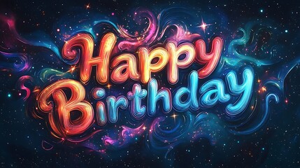 A galaxy-themed "Happy Birthday" graffiti design with bold letters filled with nebulae, stars, and glowing gradients, vibrant cosmic swirls and sparkling starry textures in the background,