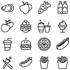 Food and drink set of web icons in line style. Restaurant linear icon collection. Containing meat, fruits, vegetables, desserts, drink, burger, pizza, hot dog,..........................