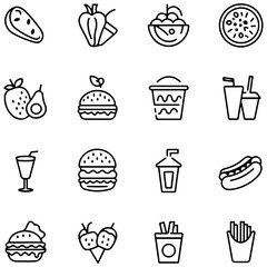 Food and drink set of web icons in line style. Restaurant linear icon collection. Containing meat, fruits, vegetables, desserts, drink, burger, pizza, hot dog,........................