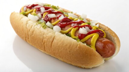 Hot Dog with Mustard, Ketchup, and Onions on White Background