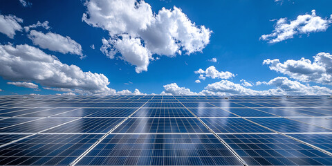 Renewable energy field featuring solar panels under a vivid blue sky with puffy white clouds. A sustainable power solution for a cleaner future.