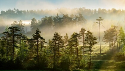 panorama of pine forest in morning mist fog with sun rays