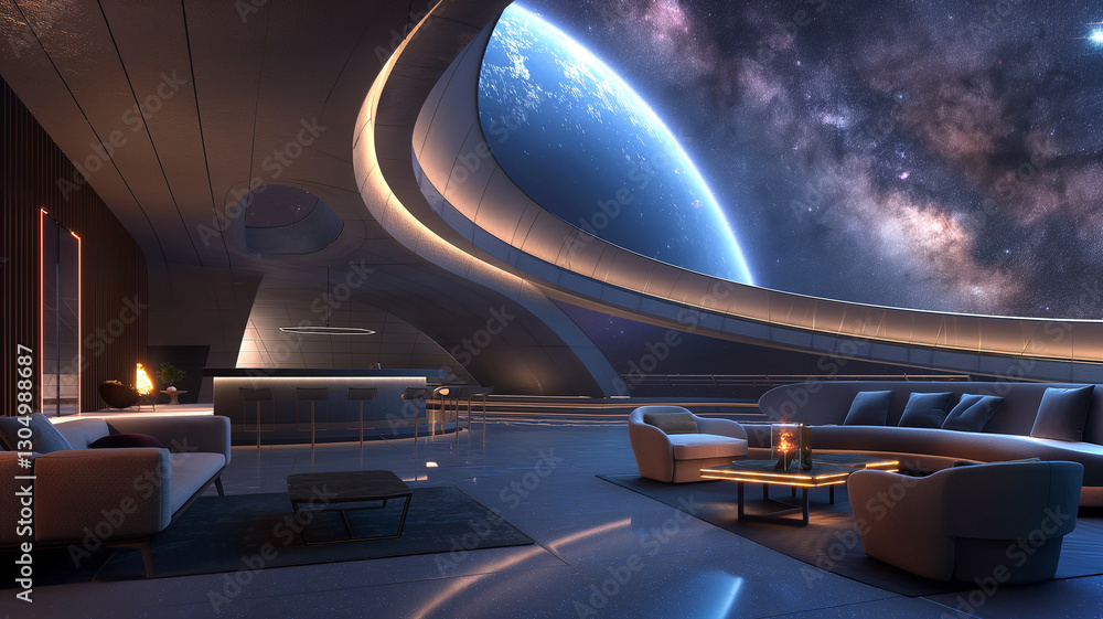 Poster this passengers relax in a stylish lounge while enjoying stunning views of earth and stars.