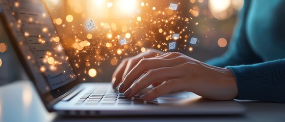 A close-up of hands typing on a laptop, with digital sparks and glowing icons illustrating technology innovation.