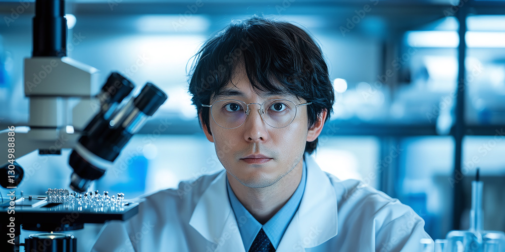 Poster scientist in laboratory setting with microscope, researching innovative scientific solutions. explor