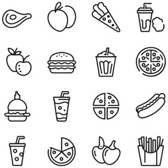 Food and drink set of web icons in line style. Restaurant linear icon collection. Containing meat, fruits, vegetables, desserts, drink, burger, pizza, hot dog, french fries and more. 