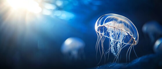 A stunning jellyfish floating gracefully in deep blue water, illuminated by soft sunlight filtering from above.