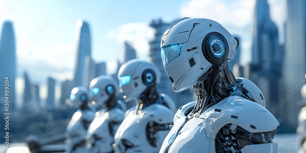 Poster robotic futurism: advanced humanoid robots standing in formation against a backdrop of a modern metr