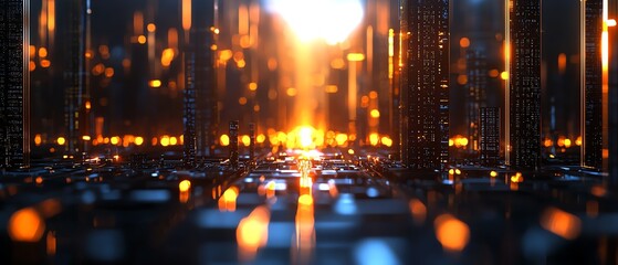 Obraz premium Futuristic cityscape at sunset with glowing lights creating a vibrant, dynamic urban atmosphere.