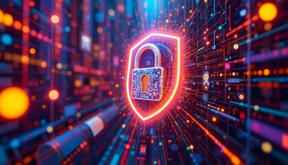 Digital lock illustration featuring glowing shield, binary code, and abstract data streams in vibrant colors