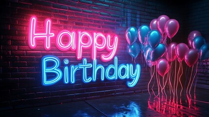 A neon-style "Happy Birthday" graffiti design with bold, glowing letters in vibrant blue and magenta, light reflecting on a sleek brick wall, subtle graffiti tags in the background,