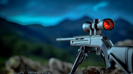 A sleek sniper rifle with a red scope positioned on rocky terrain against a twilight mountain backdrop