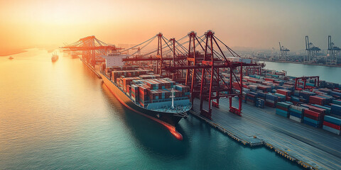 Obraz premium Cargo ship being loaded at port with containers, cranes and cargo at dawn. Intermodal global trade, international import and export.