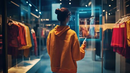 Woman Uses Augmented Reality to Shop for Clothes in Retail Store