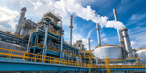 Fototapeta premium Industrial plant with complex piping and storage tanks under a vibrant blue sky with white clouds, showcasing industrial architecture and energy production.
