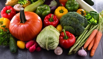 Vibrant vegetable assortment arranged artfully against dark, shadowy surface