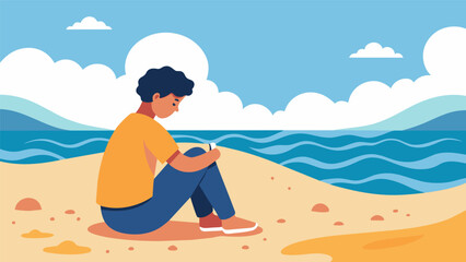 The sound of waves crashing on the shore fills the background as a student sits on the beach gathering sand between their fingers while reminiscing on the warm lazy days spent. Vector illustration