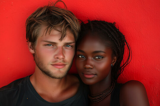 Diverse couple of young happy people. Portrait of man and woman showcasing their loving interracial relationship. Beautiful biracial couple celebrating love and joy