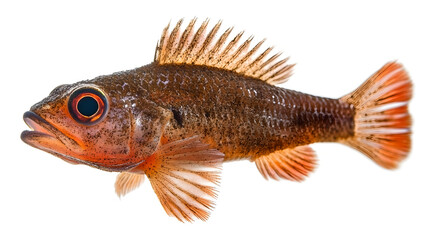 Fototapeta premium Close-up of a vibrant, orange and brown fish against a white background.
