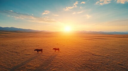 Fototapeta premium Sunset scene with grazing cattle open field aerial serene landscape wide angle nature's beauty