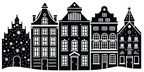 Fototapeta premium Silhouette of row Amsterdam style houses Facades of European old buildings for Christmas decoration