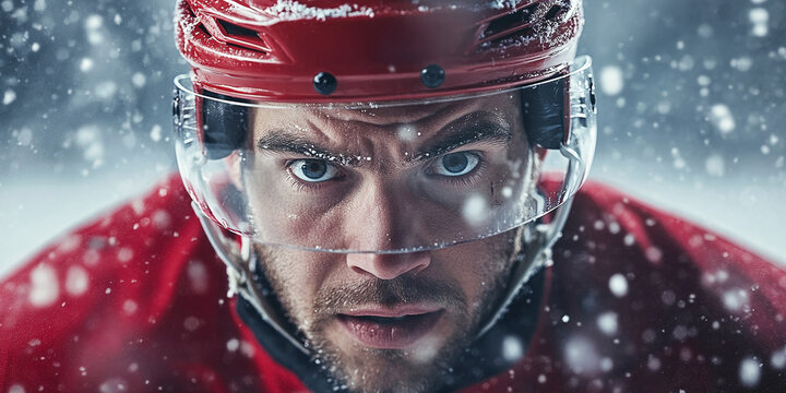 Intense hockey player in full gear during a snowy game. Determination etched on his face. Focus on the win. The passion and grit of the sport.