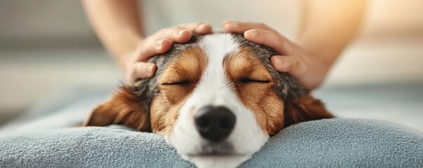 Soothing Relaxation for Your Dog concept. A serene dog enjoying a gentle head massage from a person.
