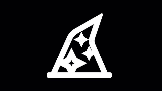 Icon hat wizard is distorted. Glitch. Noise, chromatic aberration, geometric distortion. Transparent background, looped. In-Out looped. Alpha BW at the end