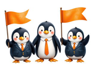 Three penguins in suits holding orange flags, transparent background