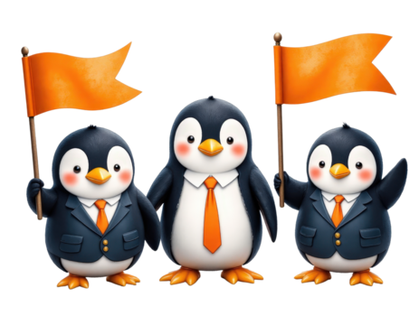 Three penguins in suits holding orange flags, transparent background