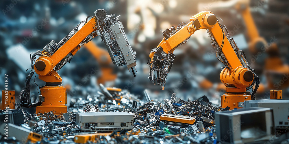Poster robotic arms sorting electronic waste: two orange robotic arms meticulously sort through a pile of d