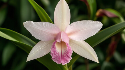 Fototapeta premium Vibrant pink and white orchid flower in lush garden setting