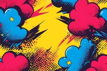 Naklejka premium a seamless pop art design with comic-style elements such as exploding clouds, lightning bolts, and dynamic action lines in primary colors, creating a fun and energetic vibe